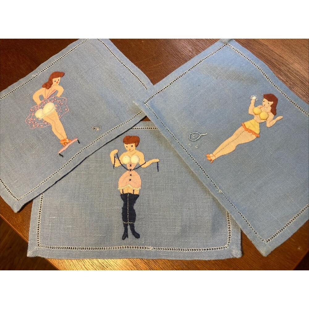 Vintage Cocktail Napkins Risque  Pin Up Girls Madeira Embroidered Linen LOT 5